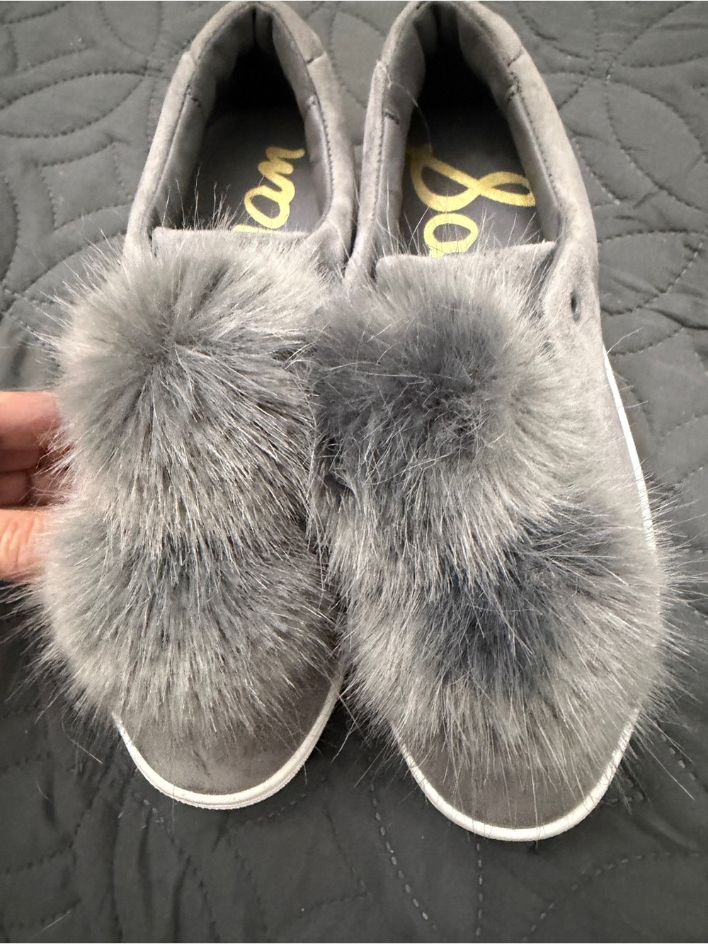 Sam Edelman Gray Faux Fur Pom Slip-On Flats